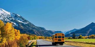 Hero Gets Kids to Safety – Tragedy Follows! A yellow school bus driving on a rural road surrounded by autumn trees and mountains