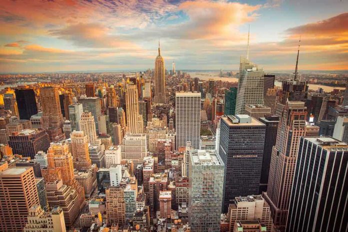 shutterstock_199319276 Aerial view of New York City skyline during sunset with skyscrapers and clouds