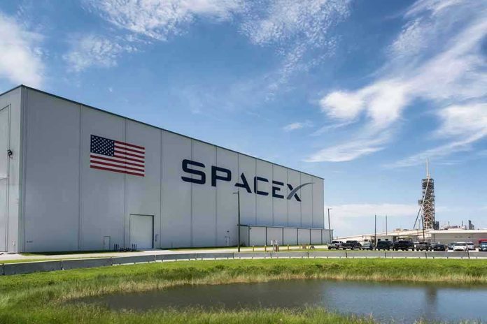 1113361880-1 SpaceX building with American flag and launch pad.