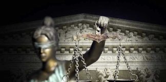 Can Trump Bulldoze Liberty? DOJ Hints Yes Blindfolded Lady Justice with scales, Supreme Court background.