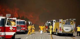 Utah Inferno Spirals Out of Control Firefighters battling large wildfire with fire trucks present