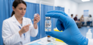 Medicare Looted — Identity Theft Angle Gloved hand holding a COVID-19 vaccine vial in a clinic