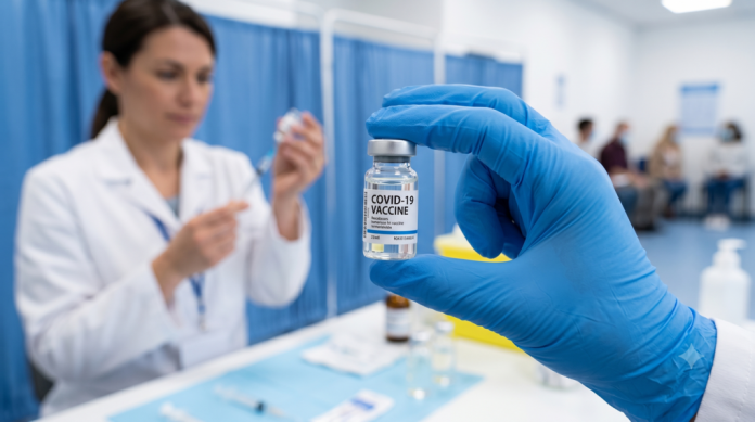 Covid19 Gloved hand holding a COVID-19 vaccine vial in a clinic
