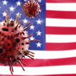 Illustration of virus particles in front of the American flag