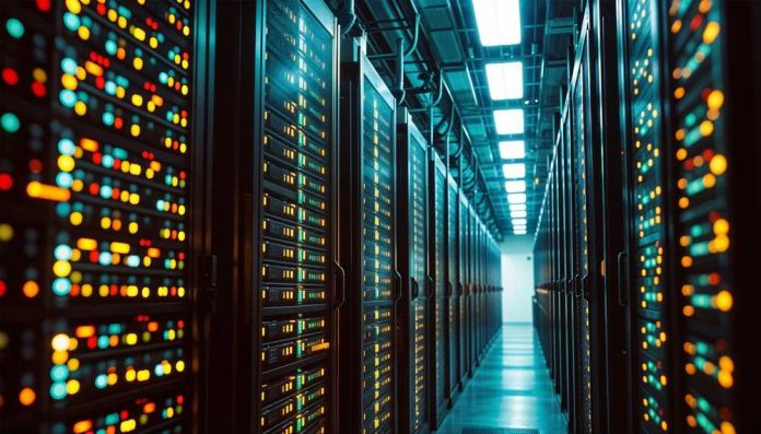 shutterstock_2502153963 Interior view of a data center with illuminated server racks