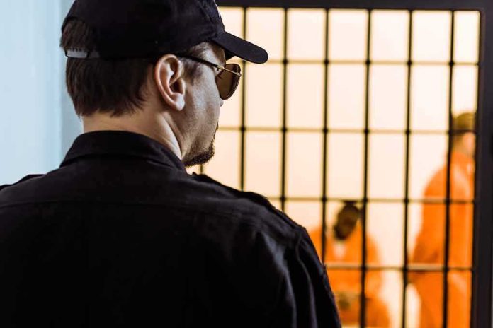 Security guard watching inmates behind jail bars