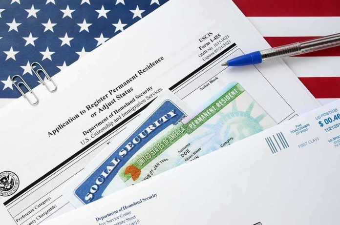 shutterstock_1642080154 immigration forms with green card and social security card on US flag background