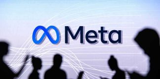 Meta logo with silhouetted people using devices