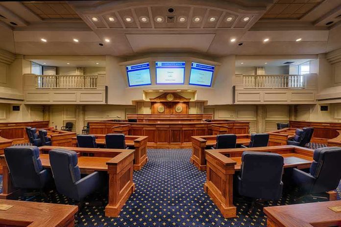 shutterstock_242072563 Courtroom interior with wooden benches and judge's bench