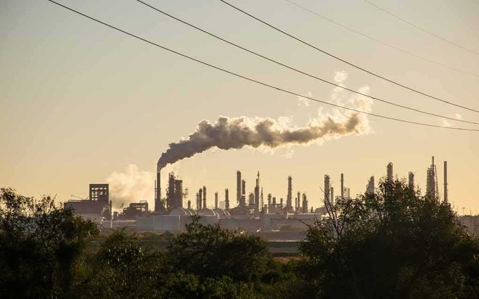 shutterstock_766204174 Industrial refinery with smokestack emitting plume at sunset