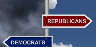 Crime And Taxes Flip A Big-City Mayor to Republican Party Directional signs for two political parties on a pole