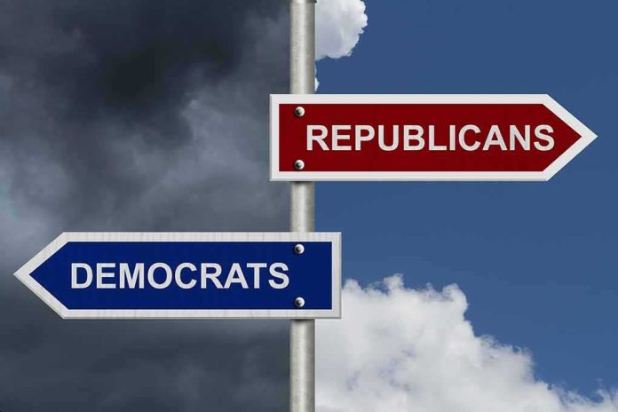 shutterstock_161023688-1 Directional signs for two political parties on a pole
