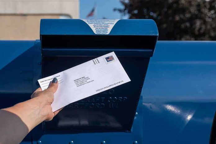 shutterstock_1807712524 Hand mailing an envelope into a blue postal box