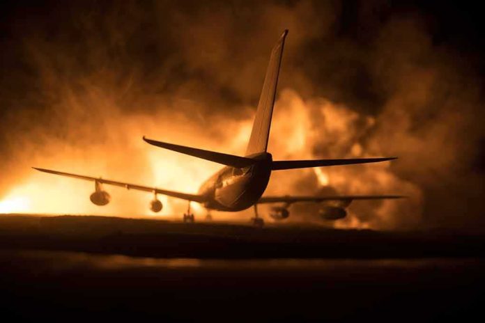 shutterstock_2063095346 Airplane on runway with large fire and smoke at night