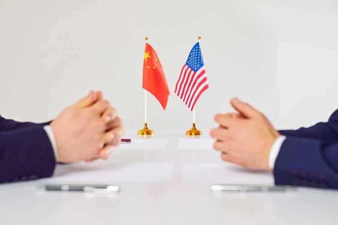 Two diplomats sit across table with China and United States flags between them