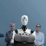 Factory Breakthrough Stuns Western Rivals Humanoid robot holding a briefcase among seated job applicants