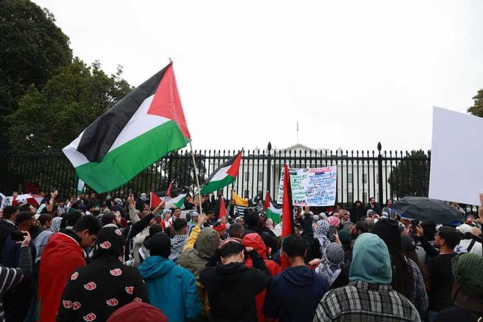 shutterstock_2375150987 Crowd holding flags and signs outside a fenced government building
