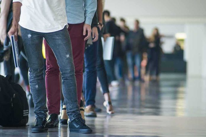 People standing in a line indoors