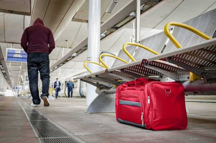 Red duffel bag on a station platform