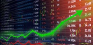 Stock market chart with green upward arrow and red downward line