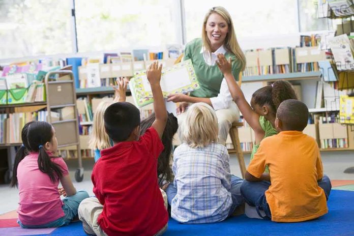 Teacher reading to children in a library circle