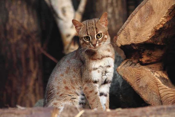 shutterstock_796460383 small spotted wildcat standing among tree logs
