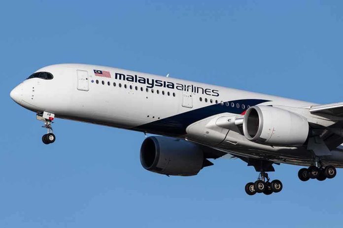 Malaysia Airlines jet on final approach with landing gear down