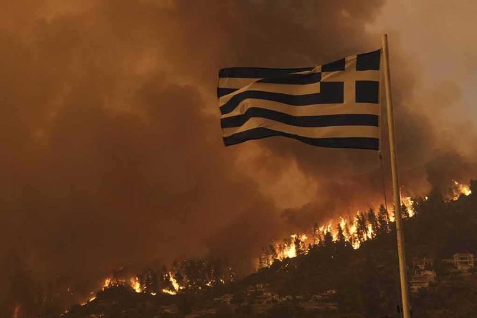 shutterstock_2022707150 Greek flag over hillside wildfire