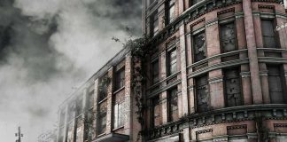 TikTok Arson Twist: Church Left Scorched Abandoned building with overgrown plants and construction cones in the foreground