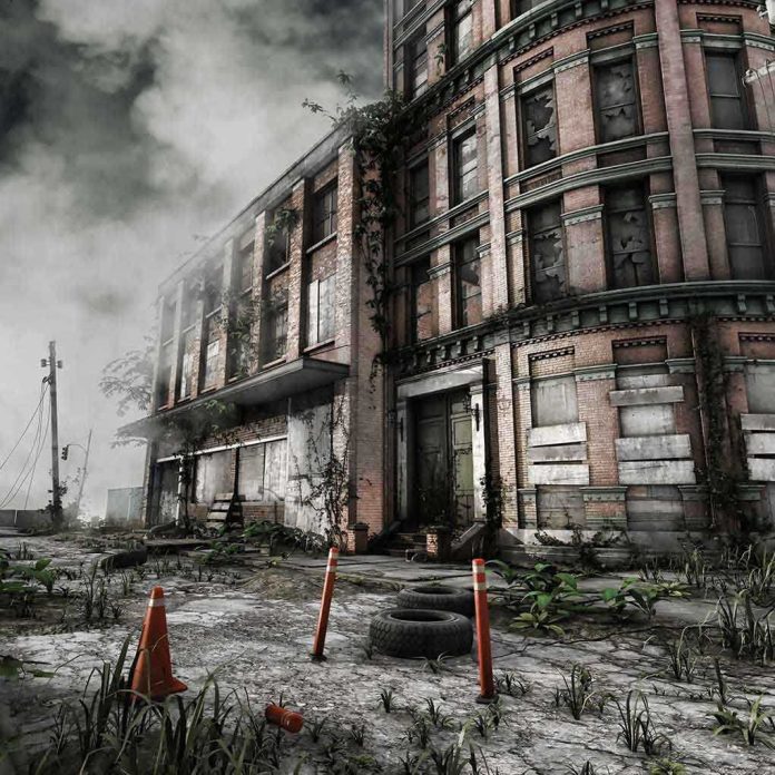 shutterstock_221020705 Abandoned building with overgrown plants and construction cones in the foreground