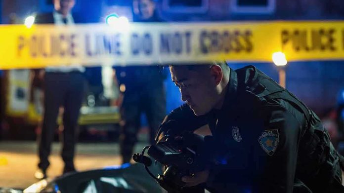 shutterstock_2230644489 Police officer examines evidence at night behind caution tape