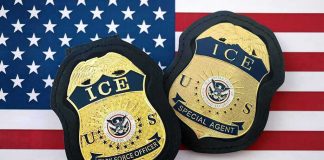 Child Inside Vehicle During Federal Shooting ICE badges on an American flag background