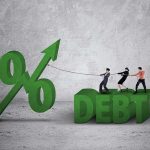 Gas Shock Skews The Inflation Fight Three people pulling rope tied to rising percent sign beside large debt text